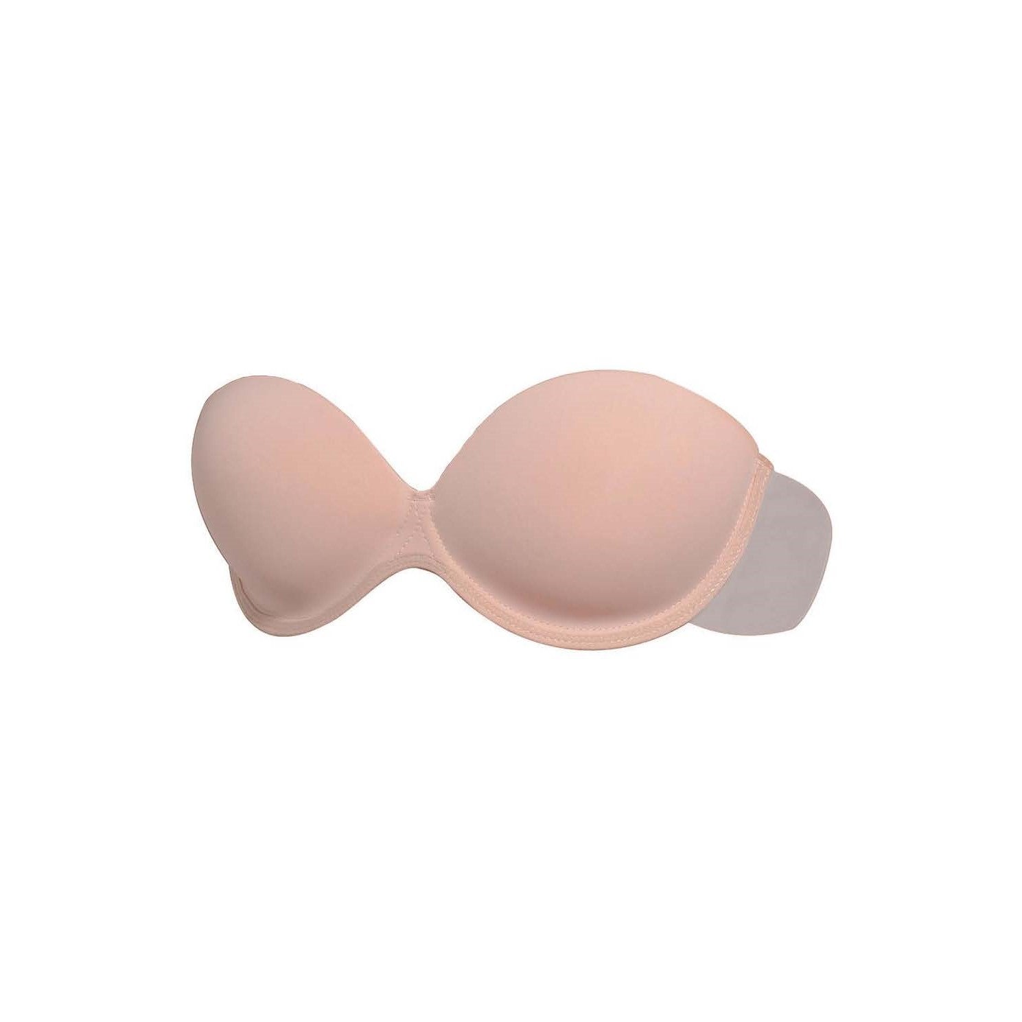 Product image of the go bare backless strapless bra, not on model. It shows the shape of the bra and its strong underwire and the adhesive flaps on the side. Bra is beige.