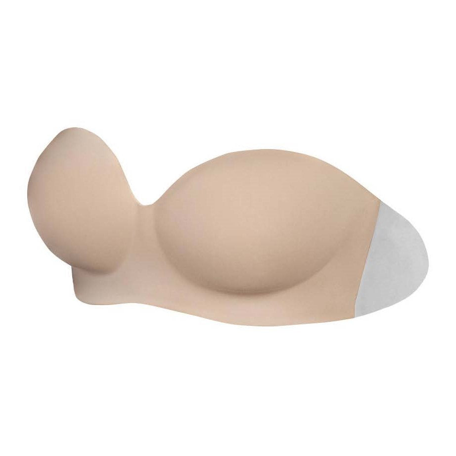 Product image of the voluptuous backless strapless bra, not on model. It shows the shape of the bra and how it would form to the body. There are the adhesive flaps on the side of the bra. Bra is nude.