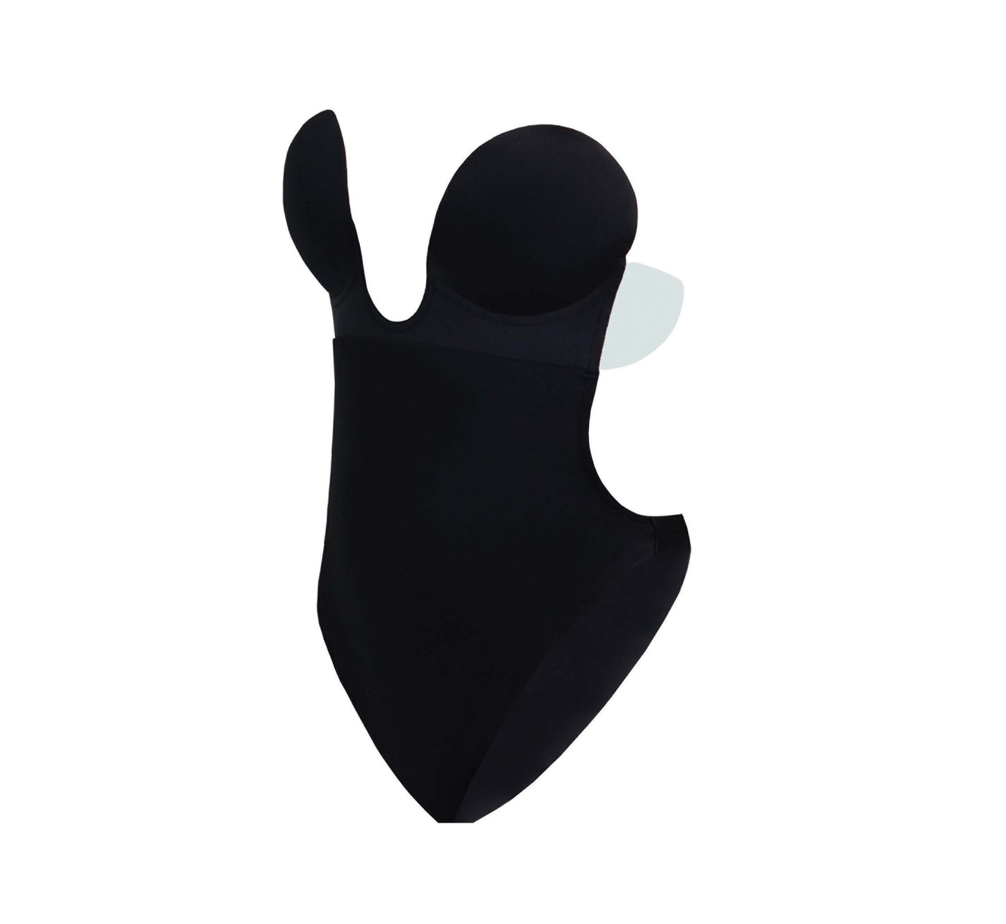 Product image of the U plunge backless strapless bodysuit in black. It is in the shape of a one-piece swimsuit, no straps or upper back. There are adhesive flaps on either side of the upper portion of the suit, under the cups.