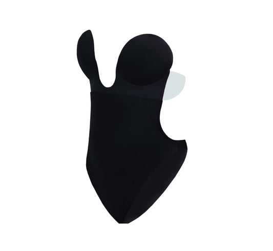 Product image of the U plunge backless strapless bodysuit in black. It is in the shape of a one-piece swimsuit, no straps or upper back. There are adhesive flaps on either side of the upper portion of the suit, under the cups.